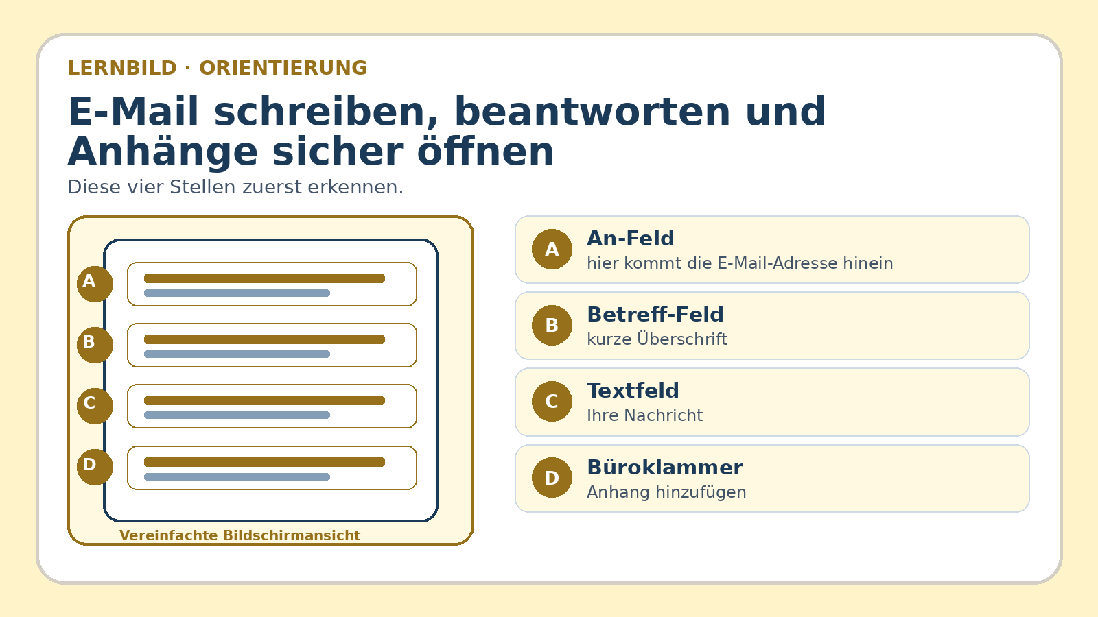 Orientierungsbild zu E-Mail schreiben, beantworten und Anhänge sicher öffnen: wichtige Bereiche und Begriffe am Bildschirm