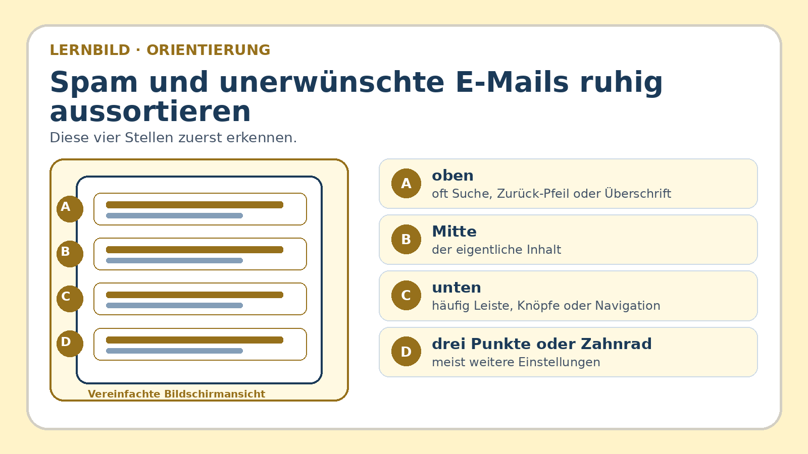 Orientierungsbild zu Spam und unerwünschte E-Mails ruhig aussortieren: wichtige Bereiche und Begriffe am Bildschirm