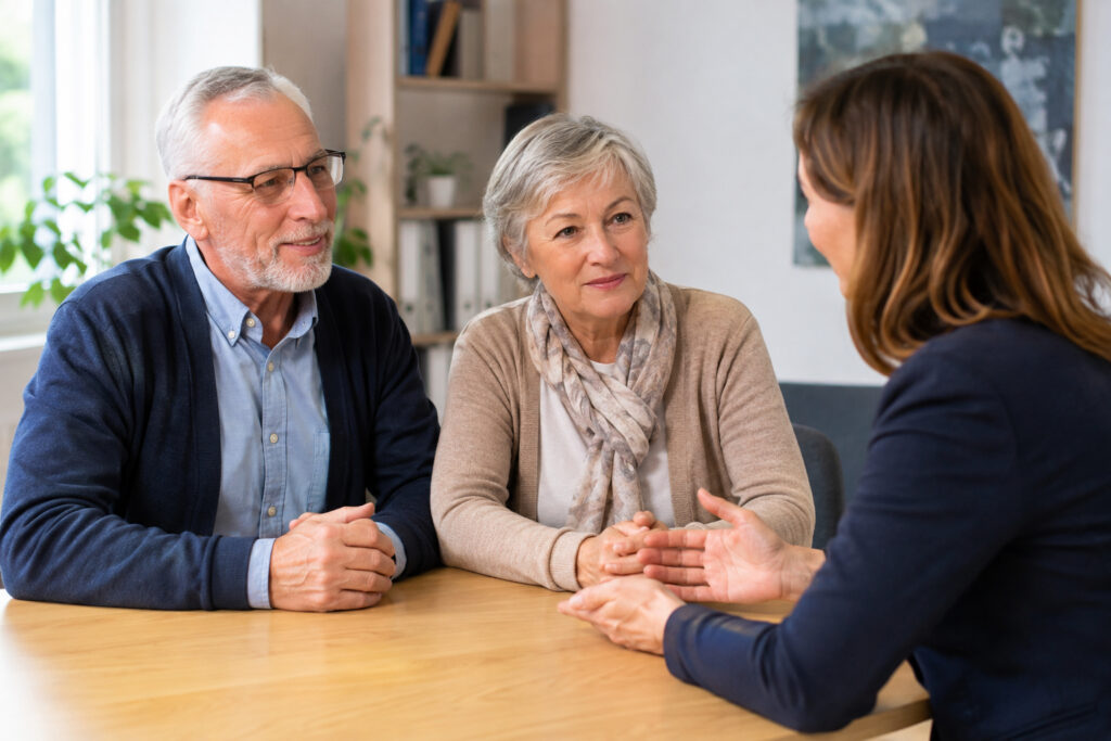 Älteres Paar in einem persönlichen Beratungsgespräch zu Pension und Vorsorge.