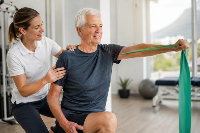 Älterer Mann trainiert mit Unterstützung einer Physiotherapeutin.