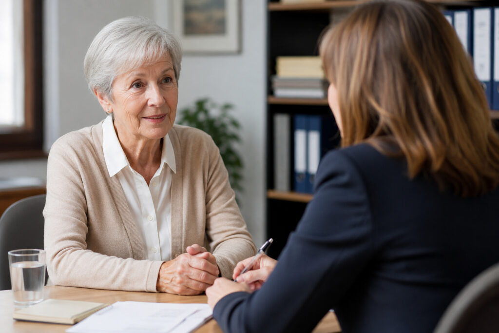 Ältere Frau in einem persönlichen Beratungsgespräch zur Pensionsplanung.