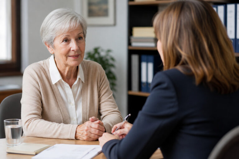 Ältere Frau in einem persönlichen Beratungsgespräch zur Pensionsplanung.