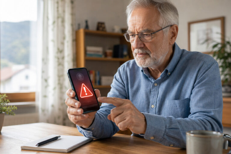 Älterer Mann prüft aufmerksam eine Warnmeldung auf seinem Smartphone.