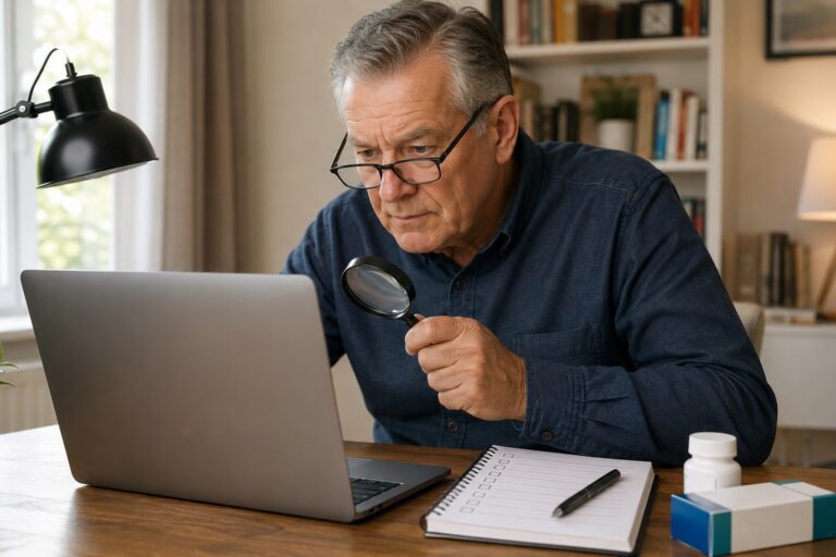 Älterer Mann prüft Arzneimittelinformationen und eine Medikamentenliste am Laptop.