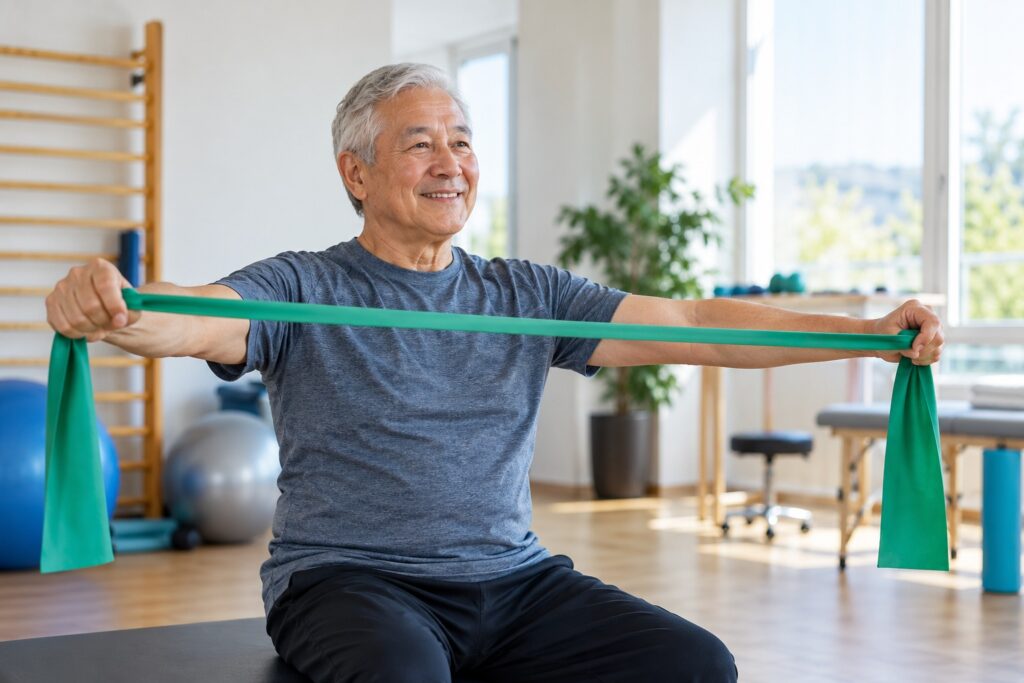 Älterer Mann trainiert in einem hellen Bewegungsraum freundlich mit einem grünen Fitnessband.