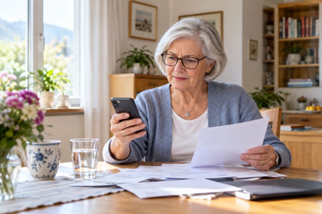 Ältere Frau mit Brille prüft zuhause aufmerksam Smartphone und Unterlagen zu einer verdächtigen Zahlung.