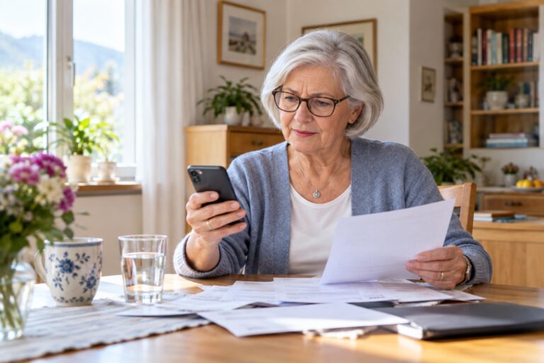 Ältere Frau mit Brille prüft zuhause aufmerksam Smartphone und Unterlagen zu einer verdächtigen Zahlung.