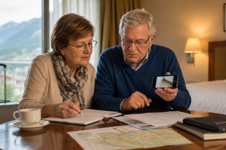 Älteres Paar dokumentiert Reiseunterlagen und eine Mitteilung auf dem Smartphone.