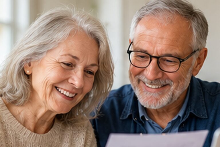 Älteres Paar prüft gemeinsam Unterlagen zu Arbeit und Pension.