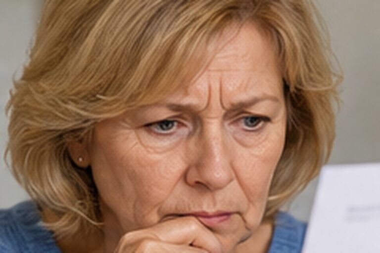 Ältere Frau liest ein Schreiben aufmerksam und prüft die Forderung.