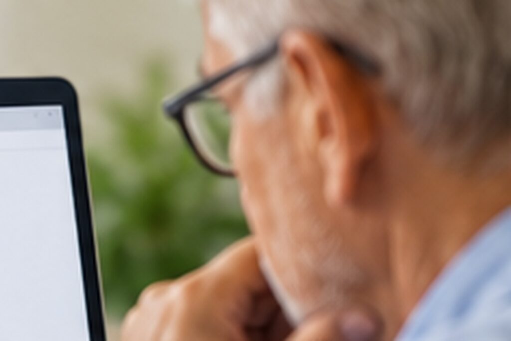 Älterer Mann prüft einen Finanzanbieter am Computer, bevor er eine Entscheidung trifft.