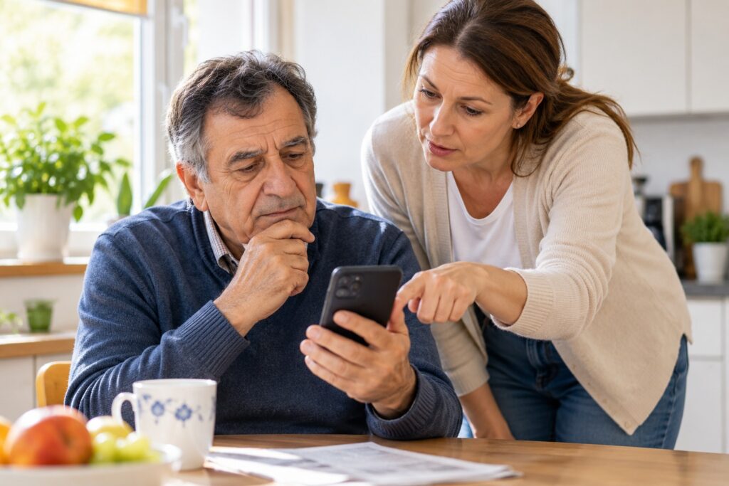 Älterer Mann prüft mit Unterstützung eine verdächtige Anzeige auf dem Smartphone.
