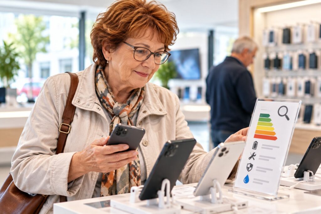 Ältere Frau vergleicht Smartphones und deren Energie- und Reparaturangaben im Geschäft.