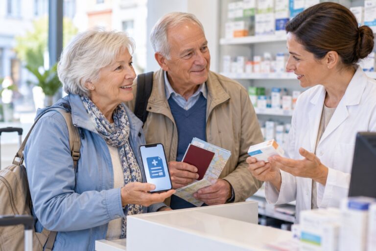 Älteres Reisepaar bespricht in einer Apotheke die Einlösung eines elektronischen Rezepts.
